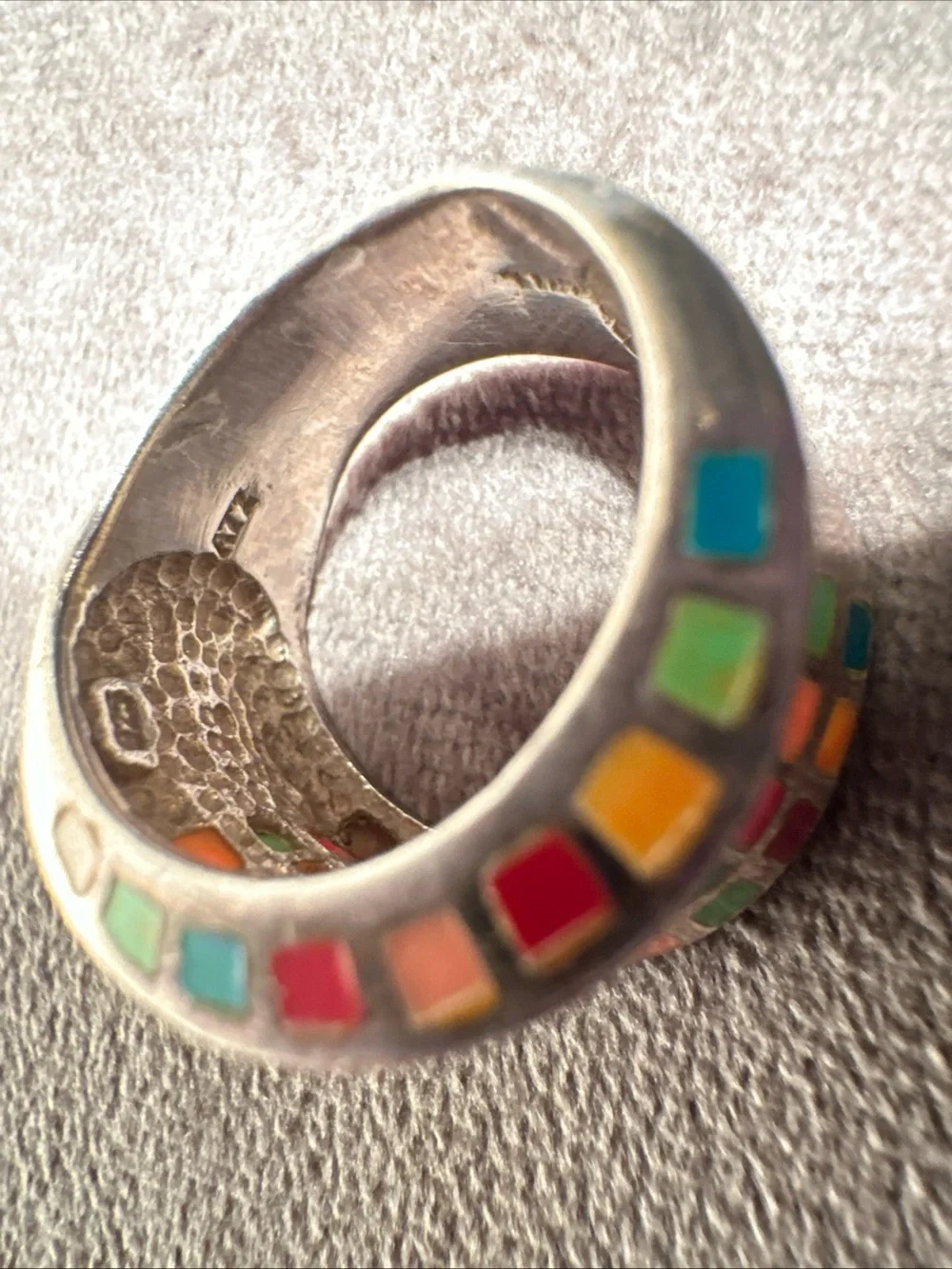 Vtg ZUNI ATI Sterling 925 Wide Band Pastel Mosaic Inlay Statement Ring Sz 7.5